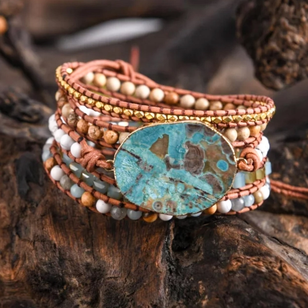 Hippie Chic Natural Handmade Leather Gemstone Jasper Wrap Bracelet